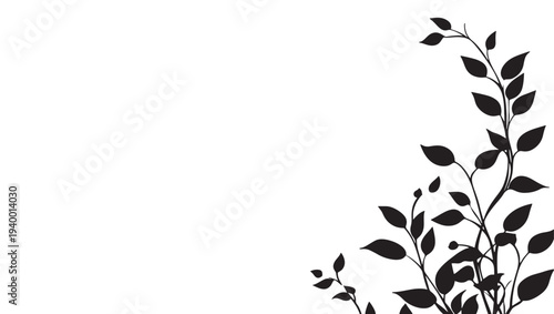 Black silhouette of swirling vine branches with delicate leaves, forming an elegant corner decorative element against a clean white background