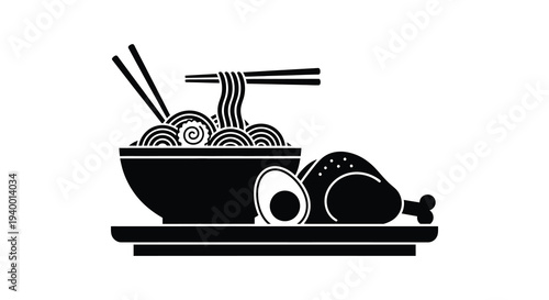 A minimalist depiction of ramen a fried chicken drumstick and a boiled egg presented in black silhouette