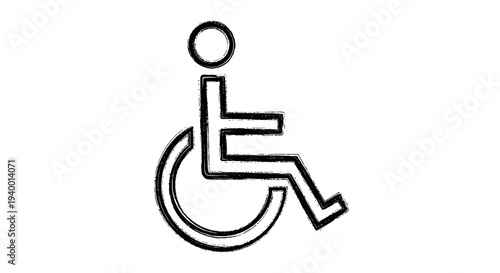 Simple black and white line art of the international wheelchair symbol, indicating accessibility for individuals with disabilities and special needs.