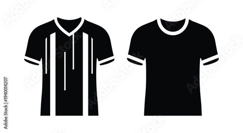 A minimalist depiction of two black t shirts presented side by side showcasing differing necklines a silhouette high quality professional