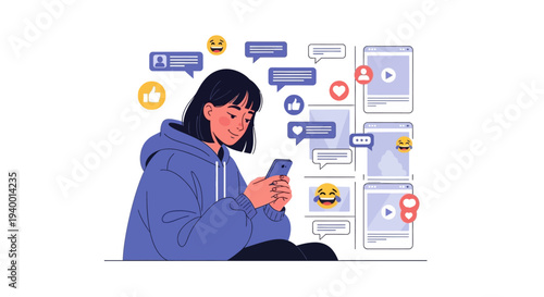 A young woman sitting and using her smartphone surrounded by various social media notifications and messages