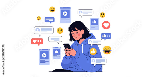 Young woman surrounded by social media icons and notifications on her mobile device in a casual setting