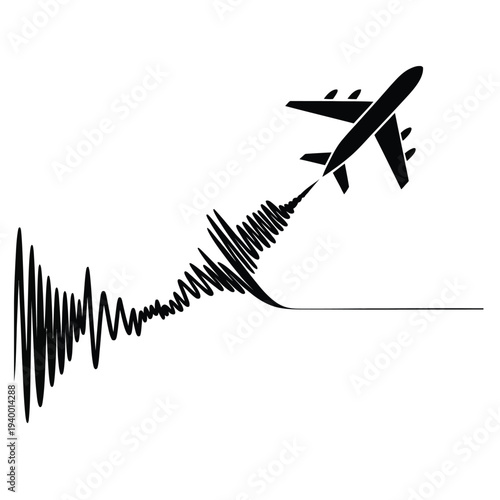 Airplane flying over sound wave graphic representing aviation technology noise pollution jet engine performance and air transportation concept
