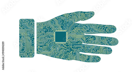 Conceptual illustration of a human hand filled with intricate circuit board design and a central microchip, representing AI, robotics, and cybernetic advancements.