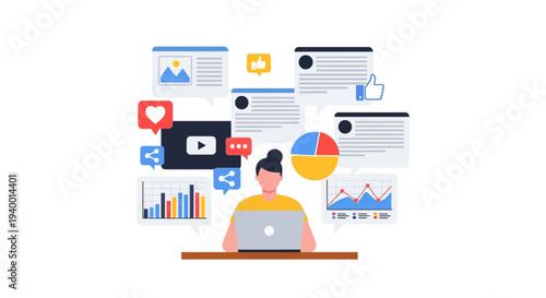 A person working on a laptop surrounded by various digital icons and charts representing data analysis and online activity from a front viewpoint