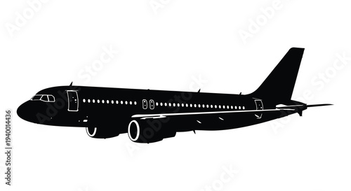 A striking black silhouette of a passenger airplane in flight against a plain white background silhouette high quality
