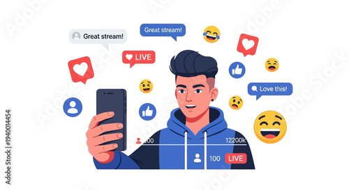 A young man enthusiastically takes a selfie surrounded by floating social media icons and reactions on a white background