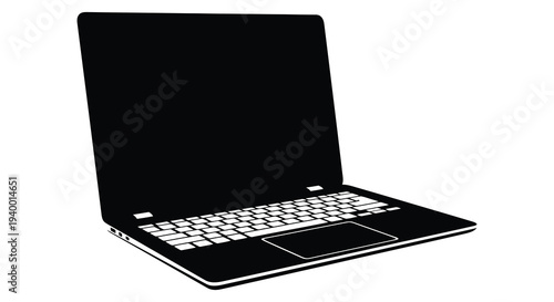 A stark black silhouette of a modern laptop computer is prominently displayed against a white background silhouette