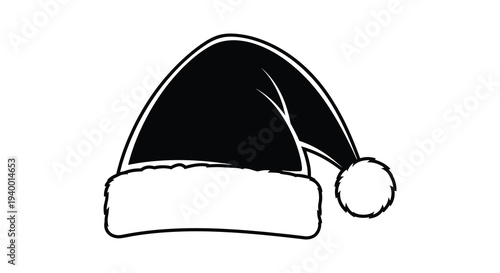 A striking black santa hat with a fluffy white brim and pompom presented as a bold silhouette
