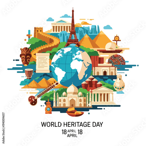 Colorful illustration of iconic landmarks and cultural elements around a globe