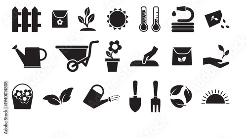Garden icons set with fence, seed packet, plant sprout, sun, thermometer, hose, watering can, wheelbarrow, flower pot, hand planting, basket of
