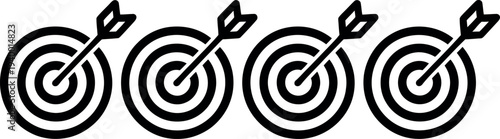 Four black and white targets with arrows hitting the bullseye in a row