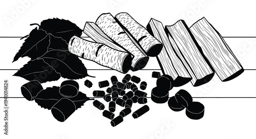 A stylized arrangement of birch logs leaves and scattered nuts is depicted in a strong black silhouette