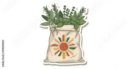 Herbs in decorative sack with sun emblem.