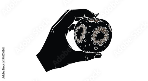 A striking black silhouette depicts a hand delicately holding an apple with circular patterns inside silhouette high quality