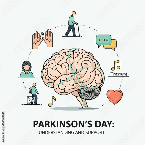 Colorful illustration with brain, icons of people, symbols, and text