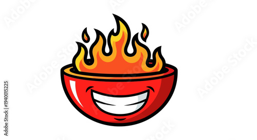 Cartoon red bowl with fiery flames and smiling face.