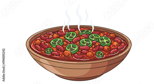 Steaming hot bowl of chili with jalapenos and tomatoes.