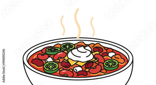 A steaming hot bowl of chili with sour cream and jalapenos.