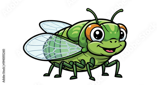A cartoon green cicada with large eyes and wings.