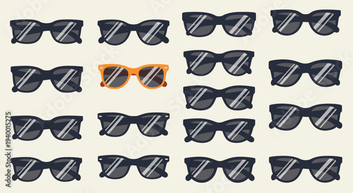 Unique Orange Sunglasses Standing Out Among Identical Black Sunglasses.