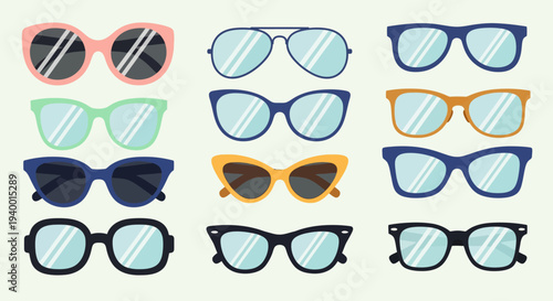 Assorted colorful sunglasses and eyeglasses in various frames and designs.