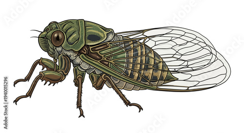 Detailed illustration of a green cicada insect with transparent wings.