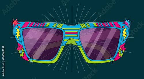 Vibrant Sunglasses with Neon Colors and Decorative Elements.