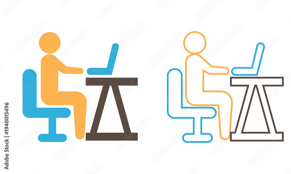 Fototapeta premium Work From Home House Office Icon . Remote Work. Minimal house icons showing a person working on a laptop at a desk, representing remote work and home office lifestyle.