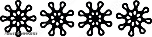 A symmetrical arrangement of four identical black snowflake like shapes on a light gray background