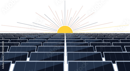 Solar Panels with Sun Shining Brightly.