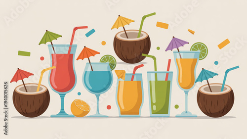Colorful cocktails with umbrellas and coconuts on a festive background