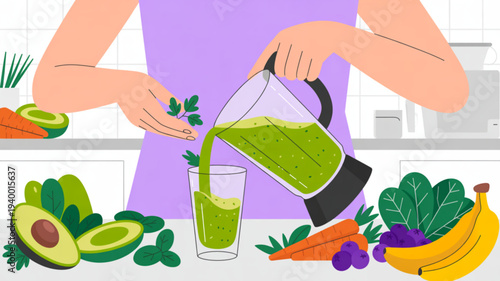 Woman preparing healthy green smoothie with fresh vegetables and fruits in modern kitchen
