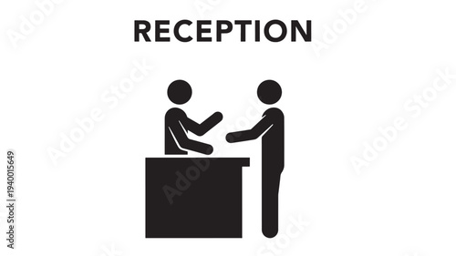 Reception desk icon with two people interacting, conveying a service or information exchange scenario.
