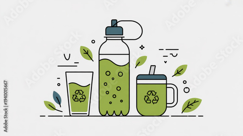 Eco friendly reusable bottles and cups with recycling symbols for sustainable drinks