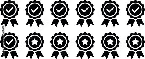 Collection of black and white checkmark and star badges