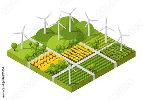 Renewable energy landscape vector illustration with wind turbines and agricultural fields, a sustainable future concept
