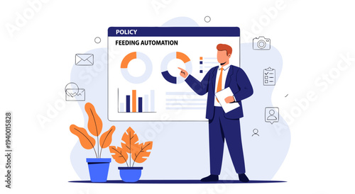 Business presentation vector illustration of a man explaining feeding automation and policy on a screen with charts and icons