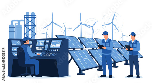 Renewable energy production vector illustration showing technicians overseeing solar panels and wind turbines with control panels