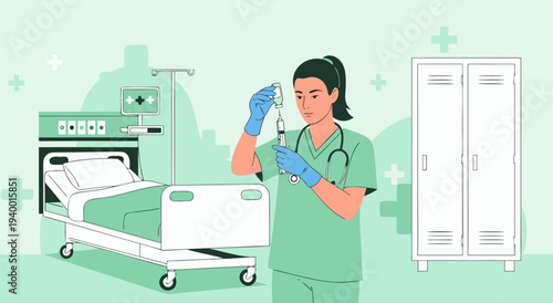 Hospital room vector illustration with nurse preparing injection beside bed and lockers