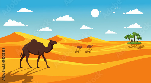Desert Landscape Vector Illustration Featuring Camels Walking Through Sand Dunes Under a Blue Sky with Clouds and Palm Trees in the Distance