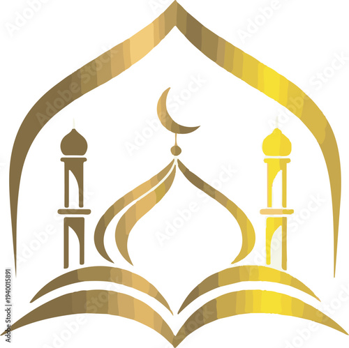 Golden mosque silhouette atop an open book, a harmonious, icon representing spiritual enlightenment, cultural heritage, and the pursuit of knowledge