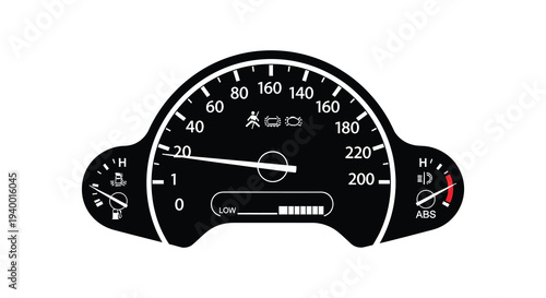 A detailed automotive dashboard gauge displaying speed fuel level and warning lights a stark silhouette high quality professional