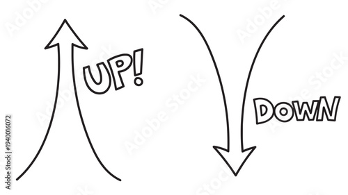 Arrows and text indicating upward and downward movement, representing growth and decline in business.