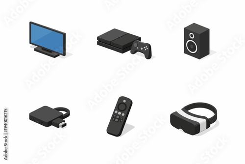 Icons of entertainment devices: tv, gaming console, speaker, streaming device, remote, vr headset