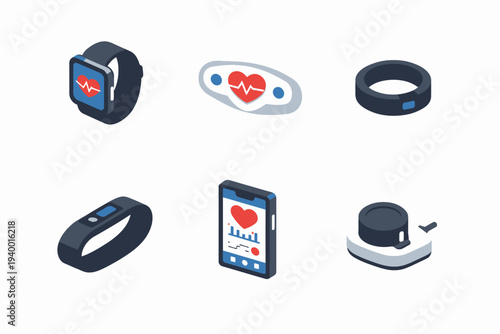 Wearable health technology icons: smartwatch, fitness tracker, heart monitor, smartphone app