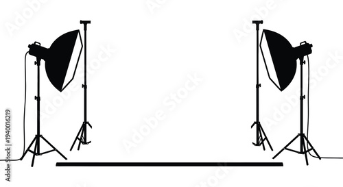 A minimalist illustration depicts a photography studio setup with lighting equipment and a blank backdrop silhouette high quality