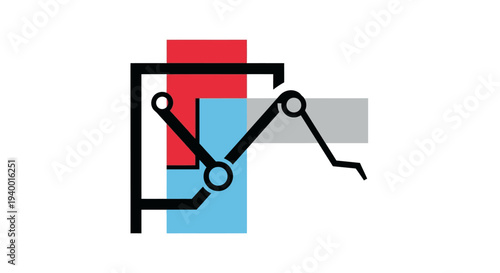 Abstract graphic of robotic arms assembling colorful blocks within a frame, symbolizing automation, technology, and engineering processes.