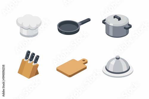 Collection of kitchen utensils and cooking tools on white background