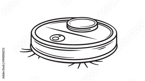 Robot vacuum cleaner icon with brushes and sensor, hand-drawn outline illustration on a white background for smart home cleaning.